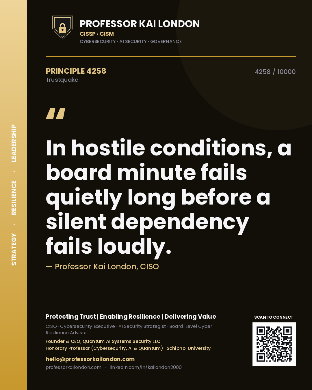 Quote card by Professor Kai London reading 'In hostile conditions, a board minute fails quietly long before a silent dependency fails loudly.'. From the book Trustquake.