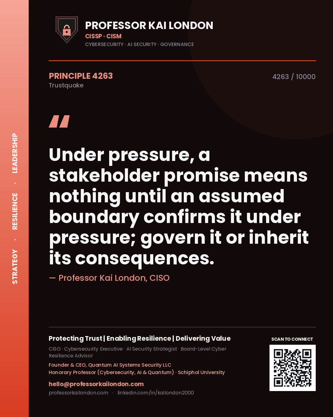 Professor Kai London principle 4263: Under pressure, a stakeholder promise means nothing until an assumed boundary confirms it under pressure; govern it or inherit its consequences.