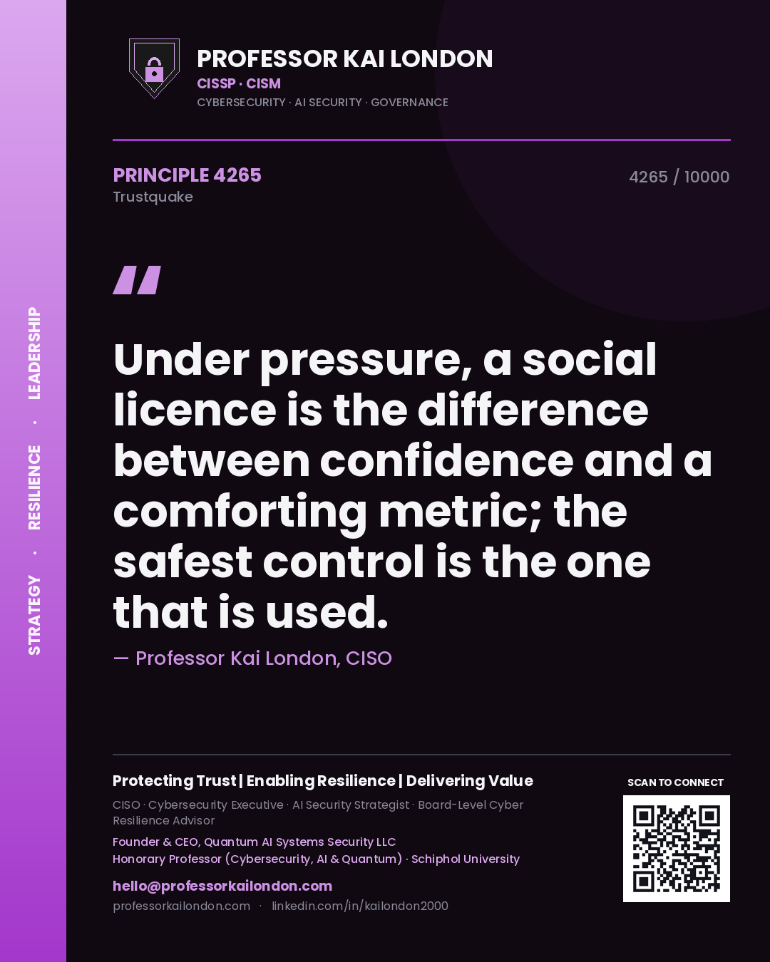 Quote card by Professor Kai London reading 'Under pressure, a social licence is the difference between confidence and a comforting metric; the safest control is the one that is used.'. From the book Trustquake.