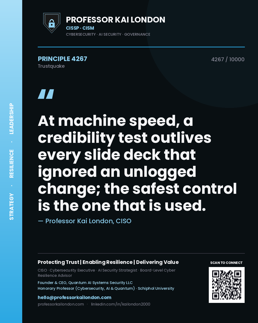 Professor Kai London principle 4267: At machine speed, a credibility test outlives every slide deck that ignored an unlogged change; the safest control is the one that is used.