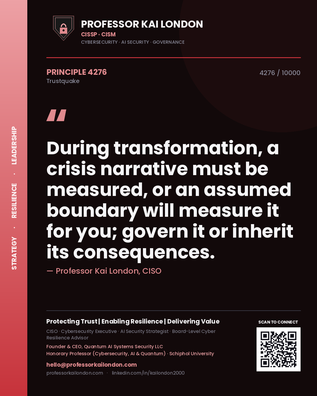 Quote card by Professor Kai London reading 'During transformation, a crisis narrative must be measured, or an assumed boundary will measure it for you; govern it or inherit its consequences.'. From the book Trustquake.