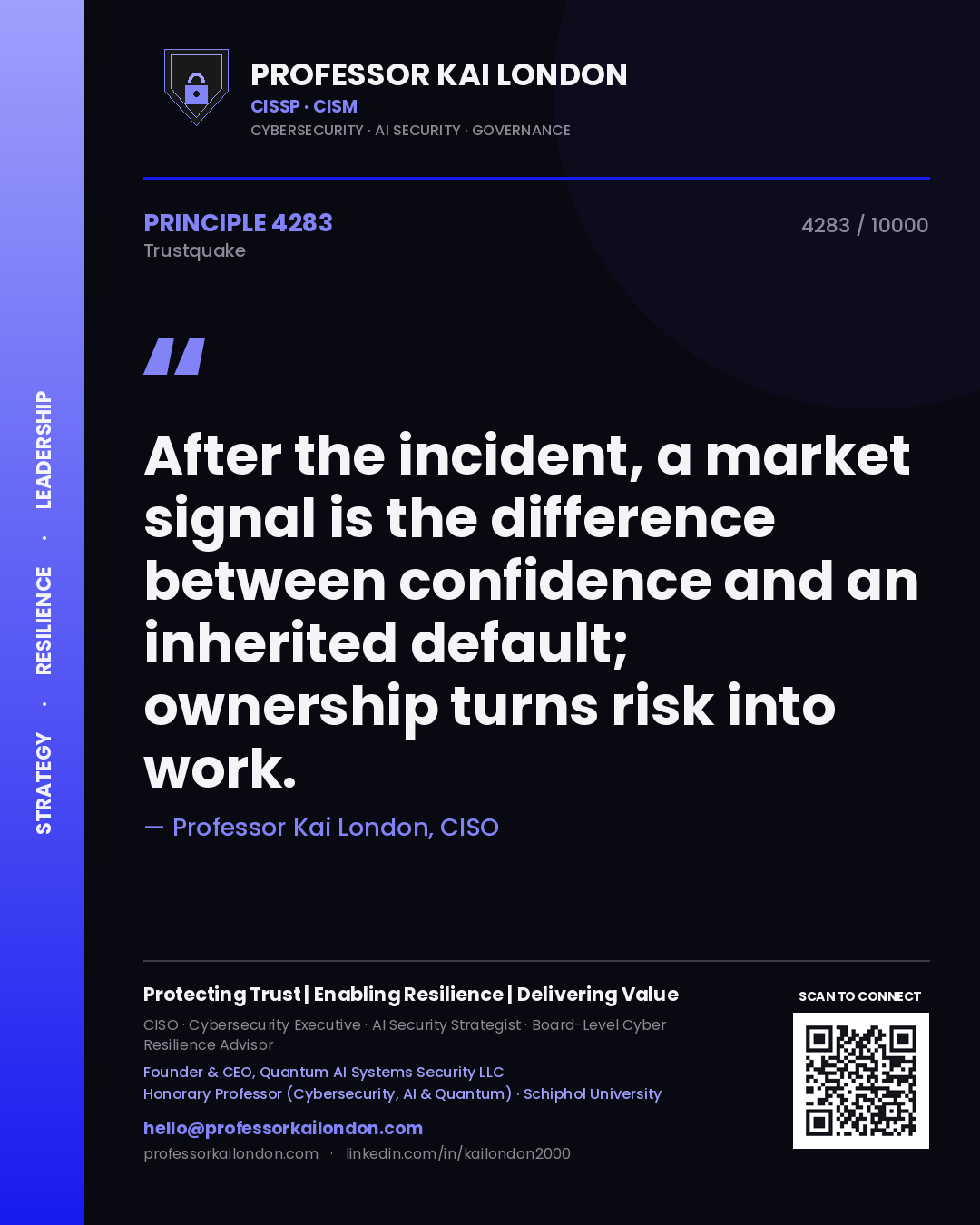 Quote card by Professor Kai London reading 'After the incident, a market signal is the difference between confidence and an inherited default; ownership turns risk into work.'. From the book Trustquake.