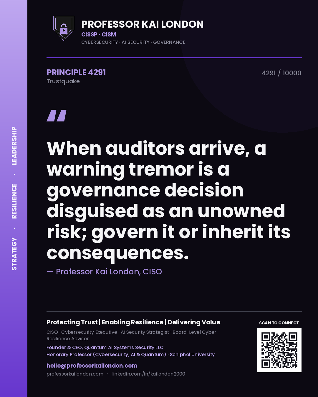 Professor Kai London principle 4291: When auditors arrive, a warning tremor is a governance decision disguised as an unowned risk; govern it or inherit its consequences.