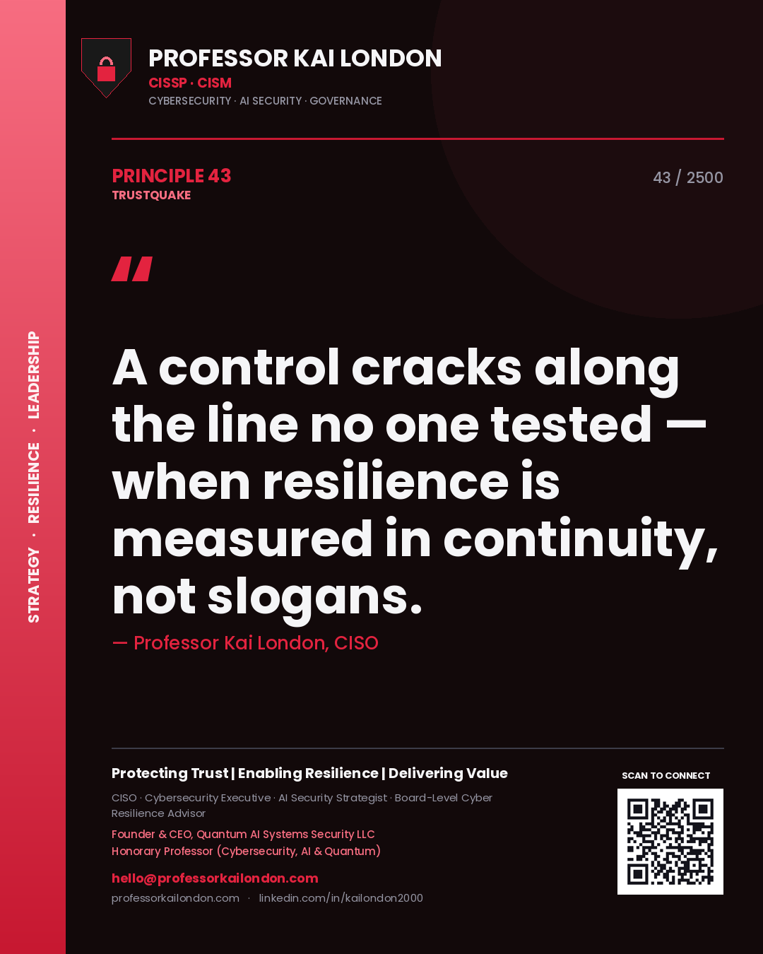 Professor Kai London principle 43: A control cracks along the line no one tested — when resilience is measured in continuity, not slogans.