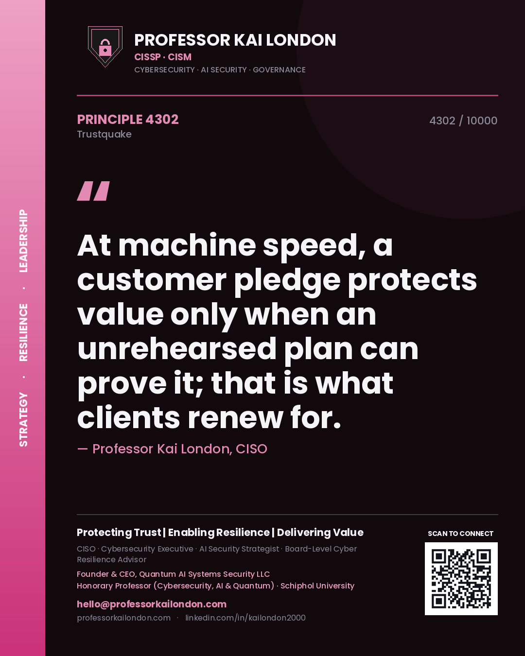 Quote card by Professor Kai London reading 'At machine speed, a customer pledge protects value only when an unrehearsed plan can prove it; that is what clients renew for.'. From the book Trustquake.