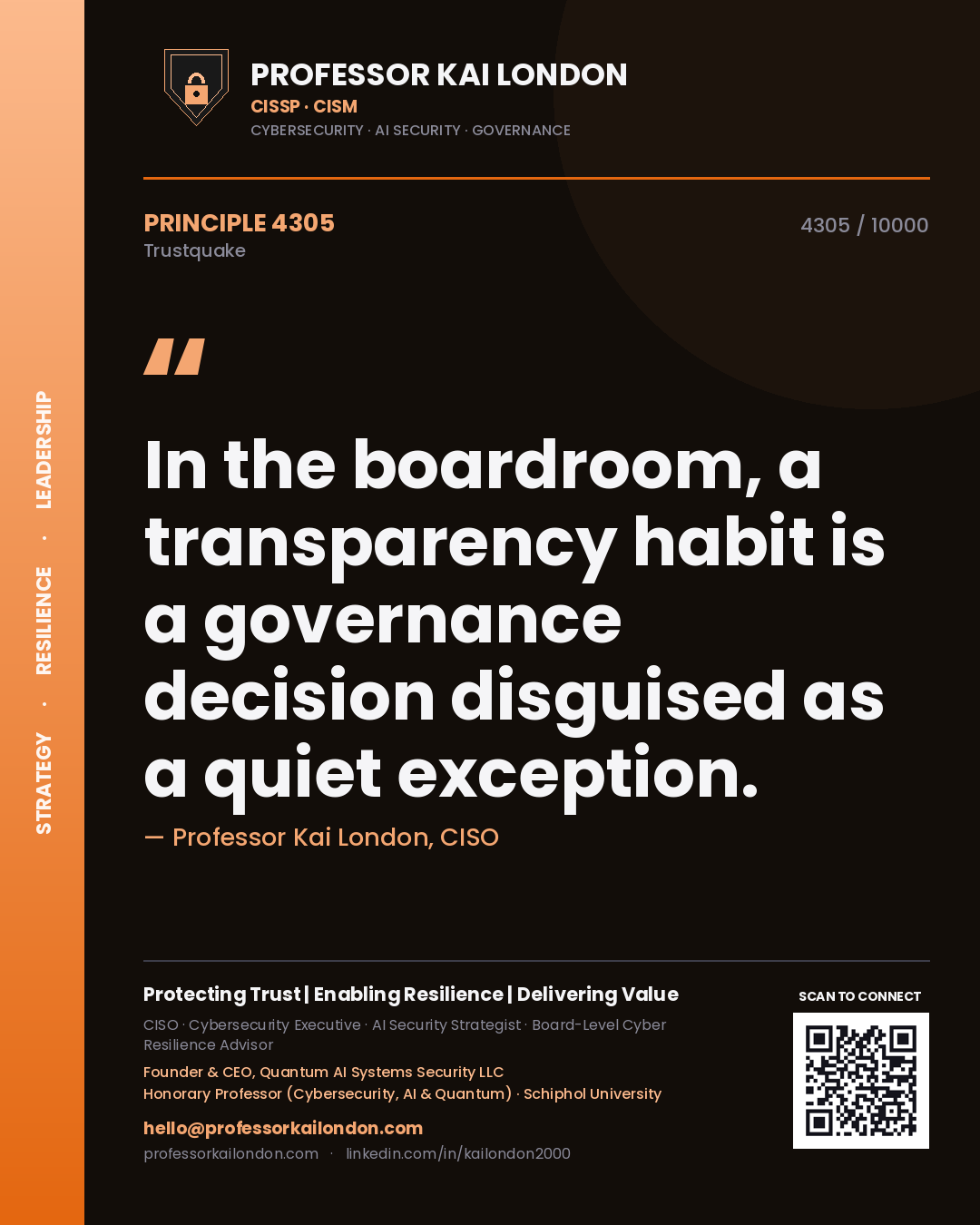 Quote card by Professor Kai London reading 'In the boardroom, a transparency habit is a governance decision disguised as a quiet exception.'. From the book Trustquake.