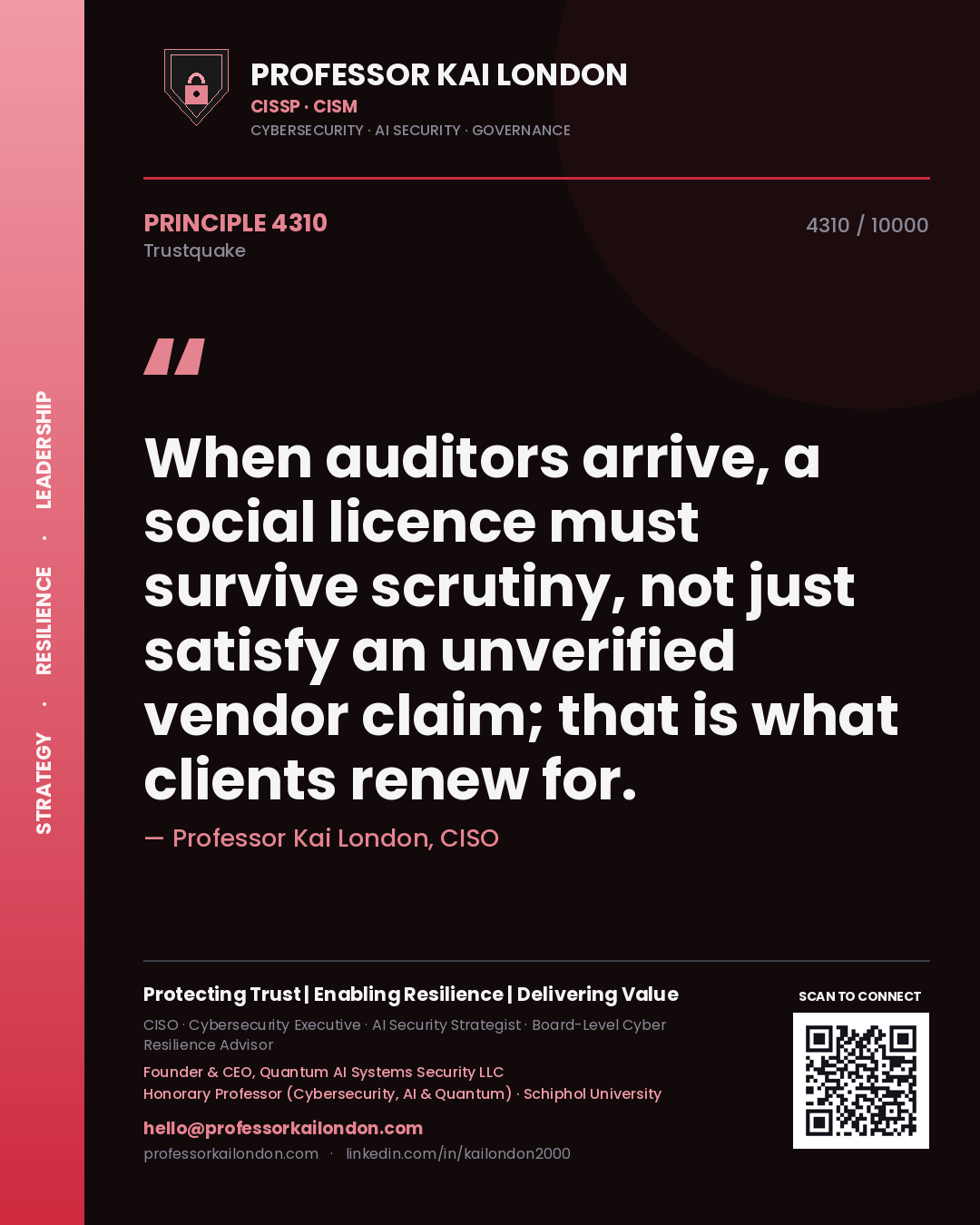 Professor Kai London principle 4310: When auditors arrive, a social licence must survive scrutiny, not just satisfy an unverified vendor claim; that is what clients renew for.