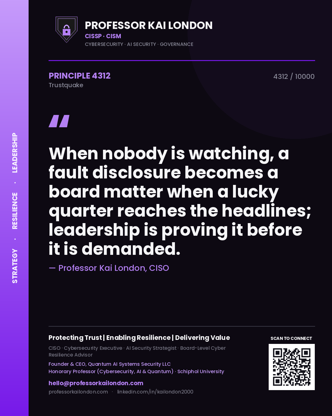 Quote card by Professor Kai London reading 'When nobody is watching, a fault disclosure becomes a board matter when a lucky quarter reaches the headlines; leadership is proving it before it is demanded.'. From the book Trustquake.