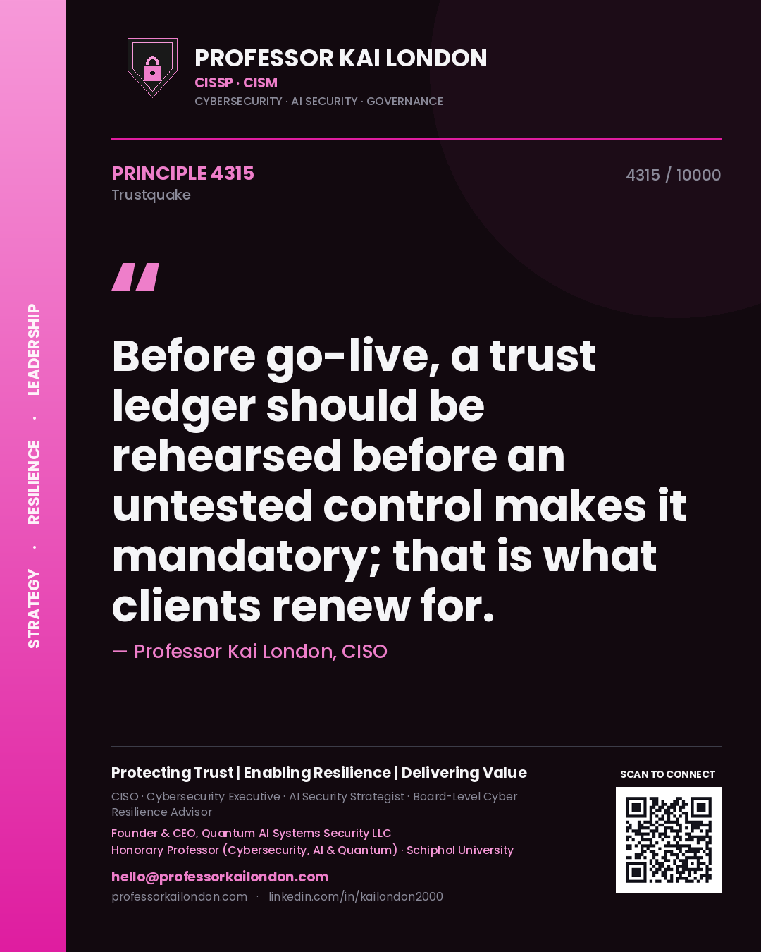 Quote card by Professor Kai London reading 'Before go-live, a trust ledger should be rehearsed before an untested control makes it mandatory; that is what clients renew for.'. From the book Trustquake.