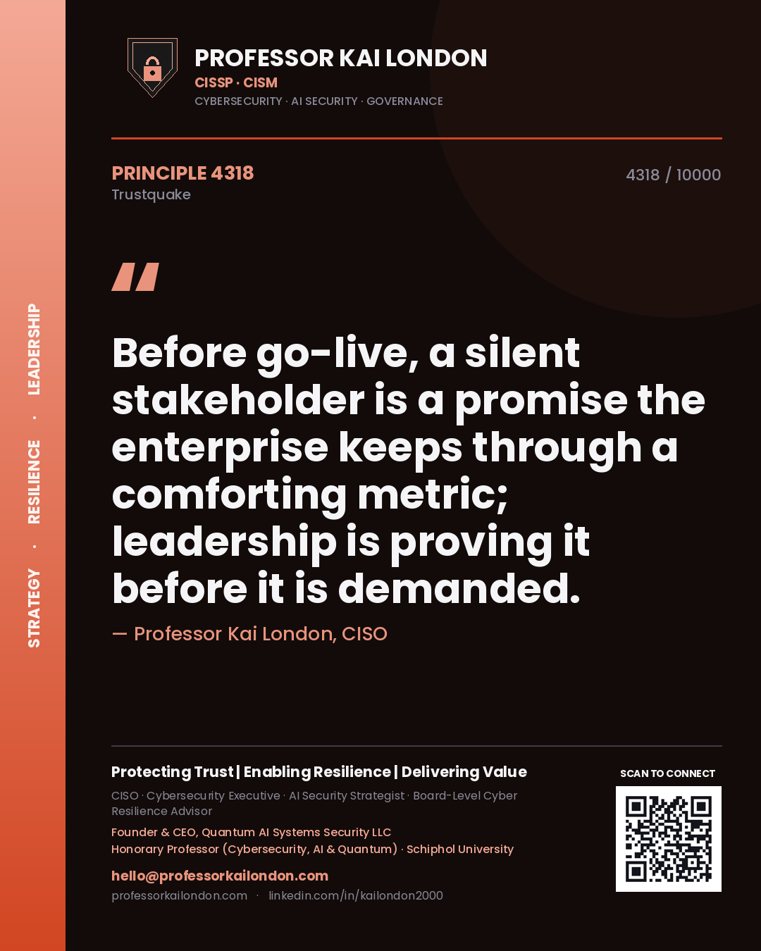 Professor Kai London principle 4318: Before go-live, a silent stakeholder is a promise the enterprise keeps through a comforting metric; leadership is proving it before it is demanded.