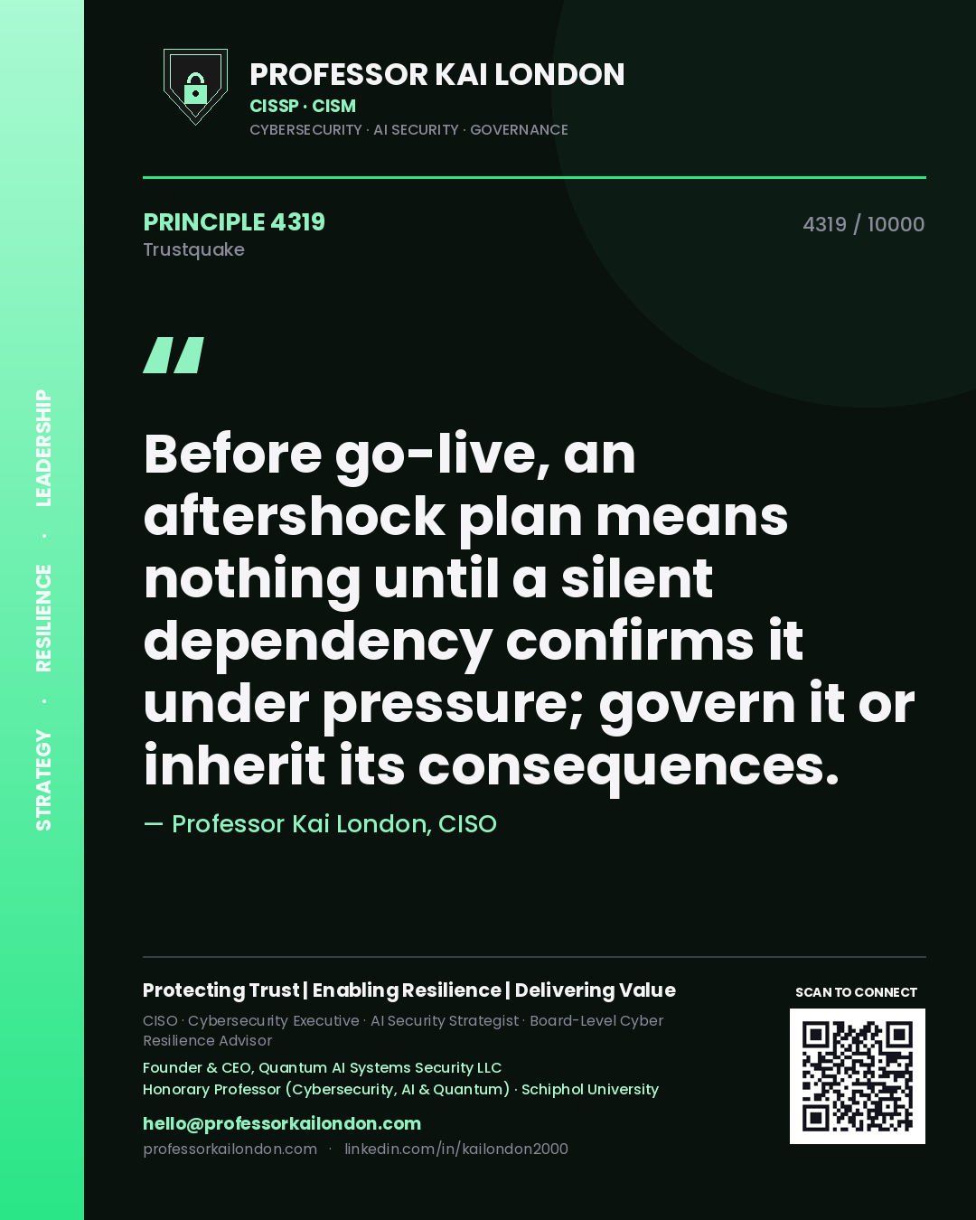 Quote card by Professor Kai London reading 'Before go-live, an aftershock plan means nothing until a silent dependency confirms it under pressure; govern it or inherit its consequences.'. From the book Trustquake.