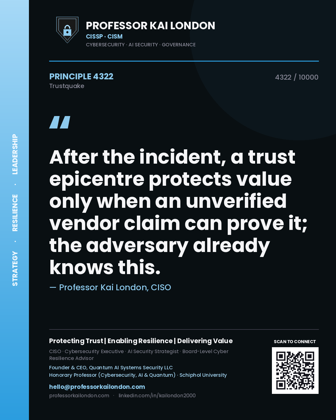 Quote card by Professor Kai London reading 'After the incident, a trust epicentre protects value only when an unverified vendor claim can prove it; the adversary already knows this.'. From the book Trustquake.
