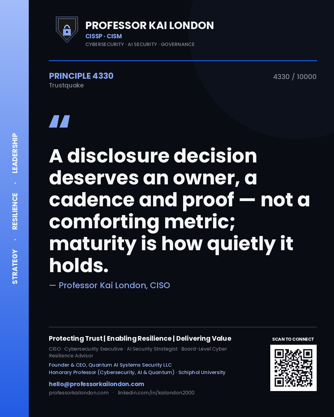 Professor Kai London principle 4330: A disclosure decision deserves an owner, a cadence and proof — not a comforting metric; maturity is how quietly it holds.