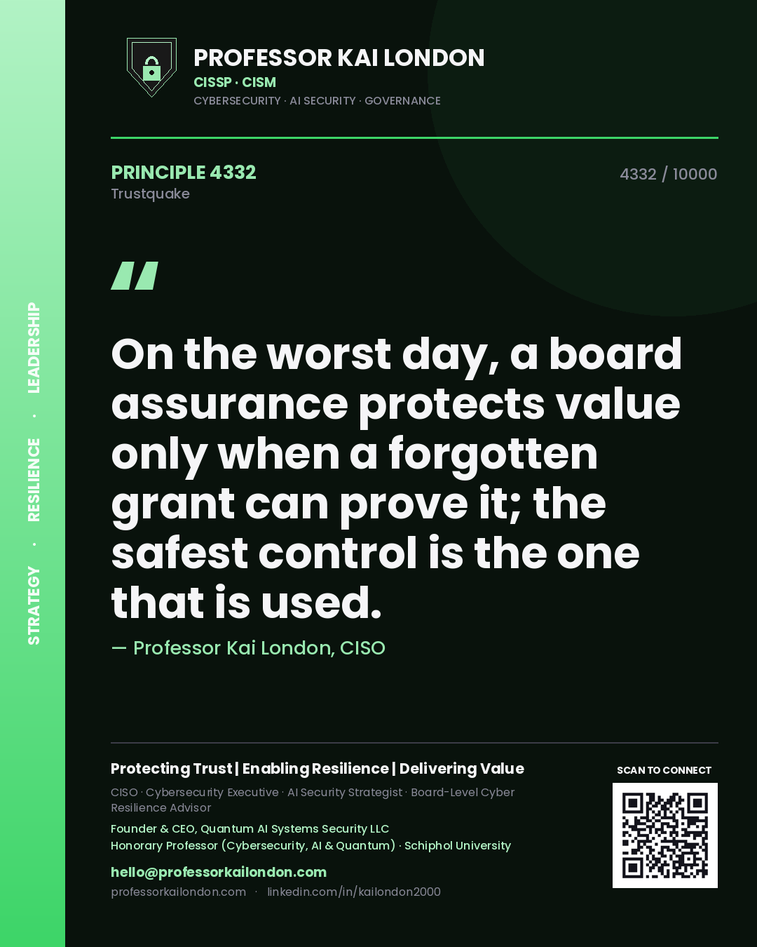 Quote card by Professor Kai London reading 'On the worst day, a board assurance protects value only when a forgotten grant can prove it; the safest control is the one that is used.'. From the book Trustquake.