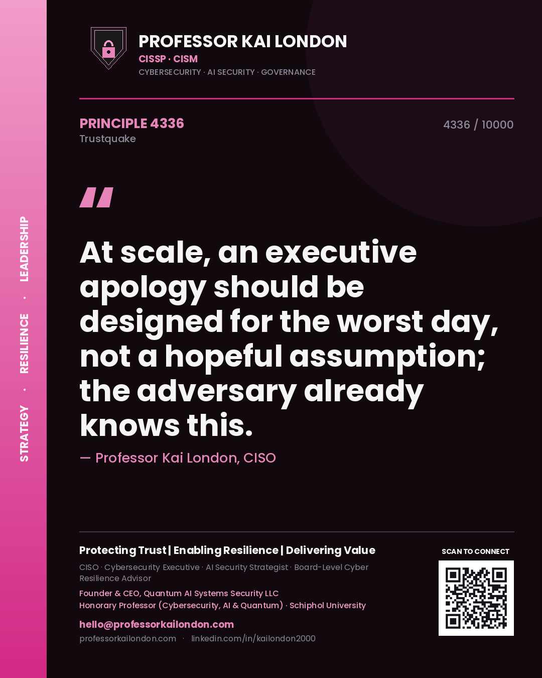 Quote card by Professor Kai London reading 'At scale, an executive apology should be designed for the worst day, not a hopeful assumption; the adversary already knows this.'. From the book Trustquake.