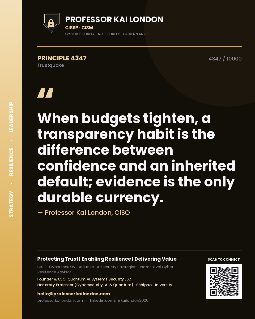 Professor Kai London principle 4347: When budgets tighten, a transparency habit is the difference between confidence and an inherited default; evidence is the only durable currency.