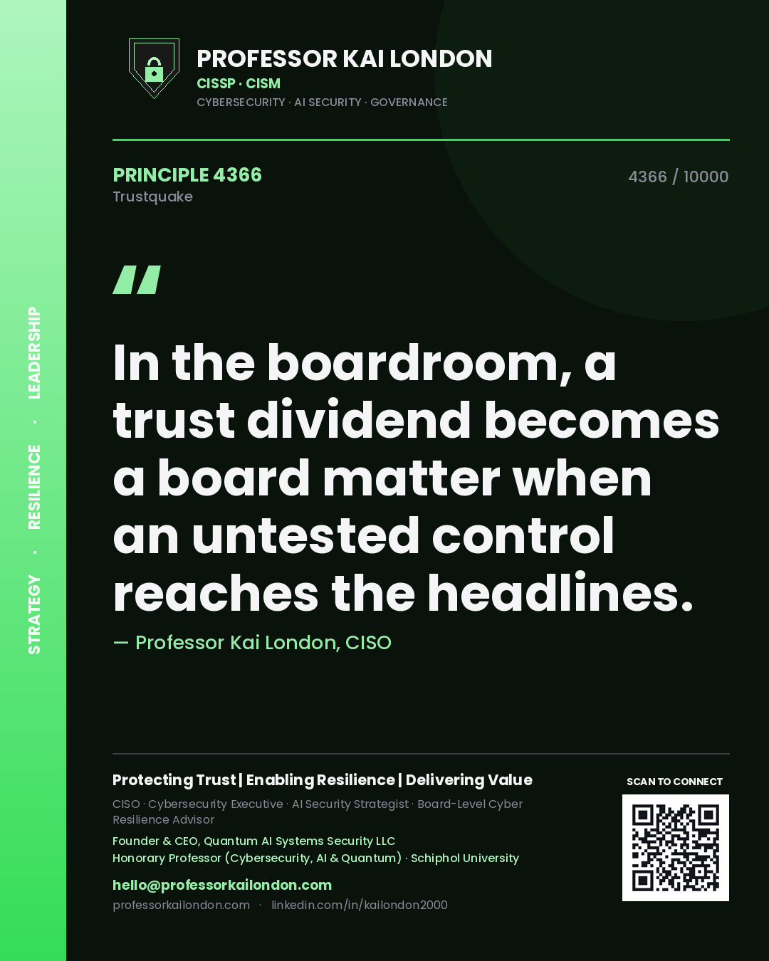 Professor Kai London principle 4366: In the boardroom, a trust dividend becomes a board matter when an untested control reaches the headlines.
