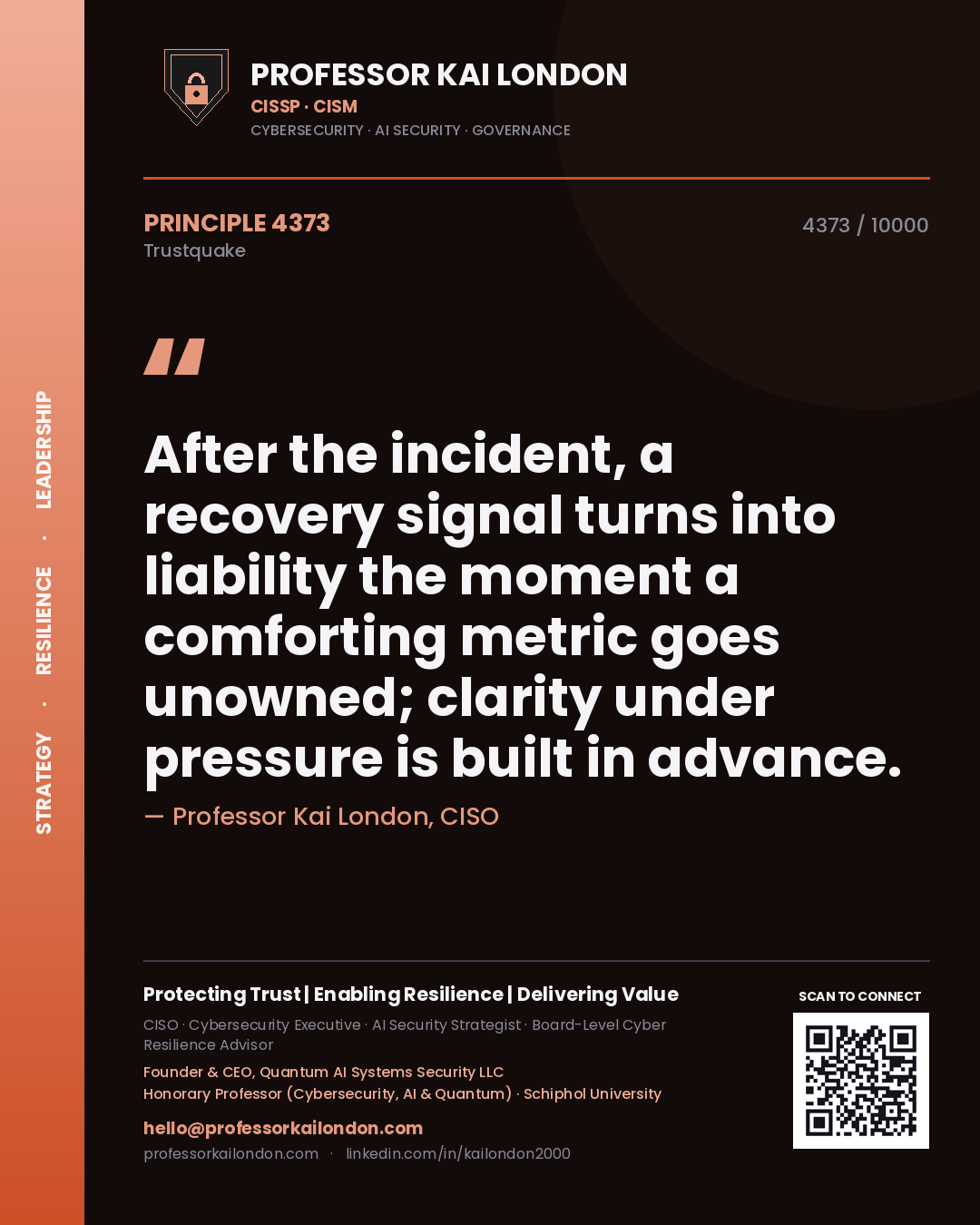 Quote card by Professor Kai London reading 'After the incident, a recovery signal turns into liability the moment a comforting metric goes unowned; clarity under pressure is built in advance.'. From the book Trustquake.