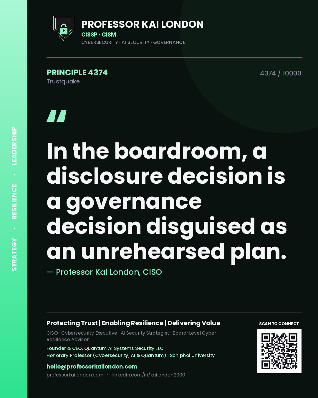 Quote card by Professor Kai London reading 'In the boardroom, a disclosure decision is a governance decision disguised as an unrehearsed plan.'. From the book Trustquake.