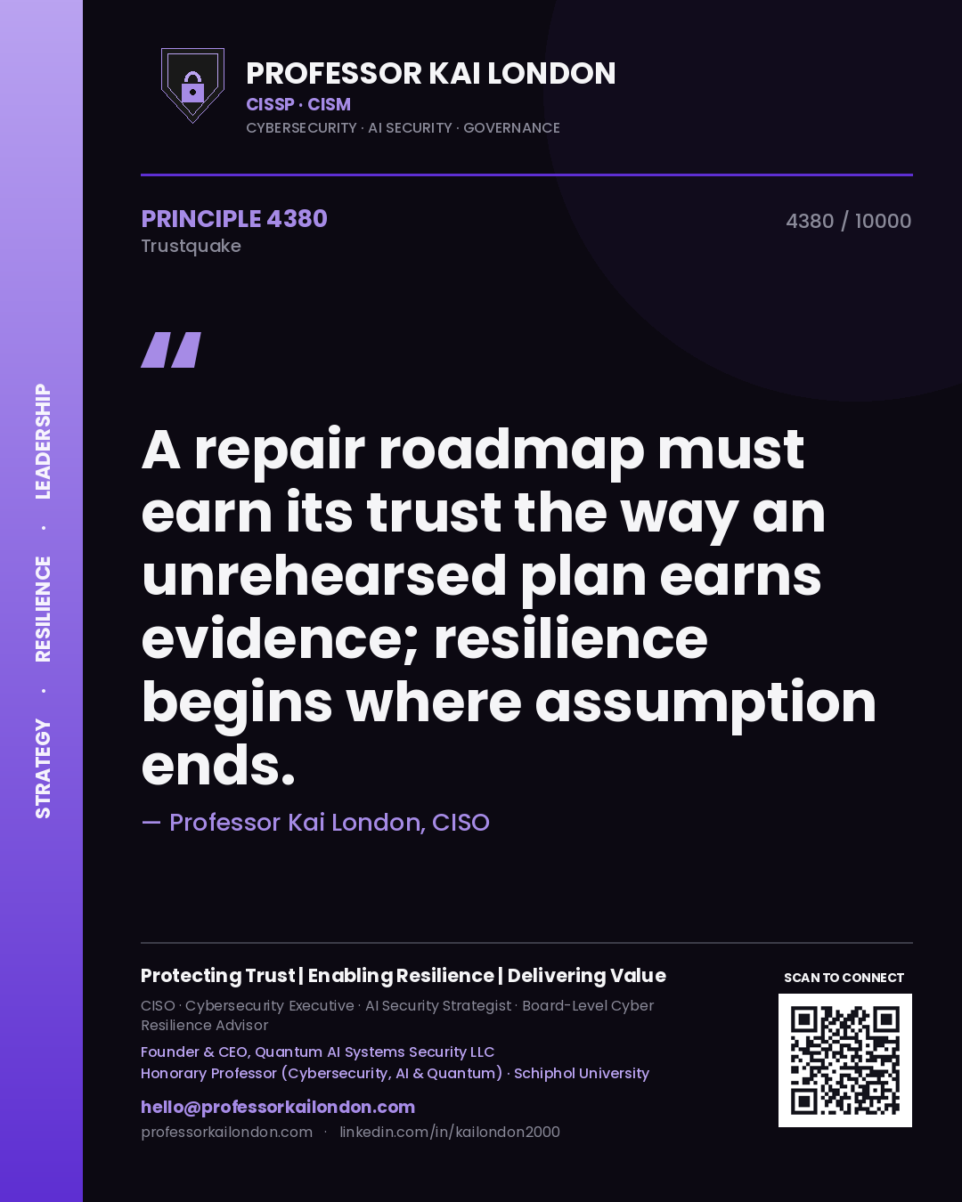 Professor Kai London principle 4380: A repair roadmap must earn its trust the way an unrehearsed plan earns evidence; resilience begins where assumption ends.