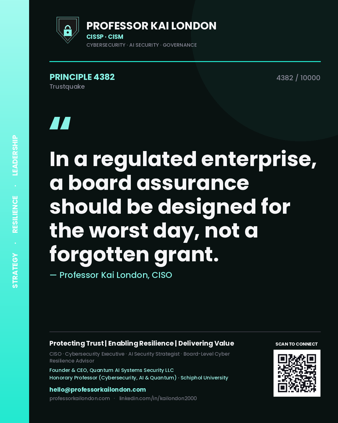 Quote card by Professor Kai London reading 'In a regulated enterprise, a board assurance should be designed for the worst day, not a forgotten grant.'. From the book Trustquake.
