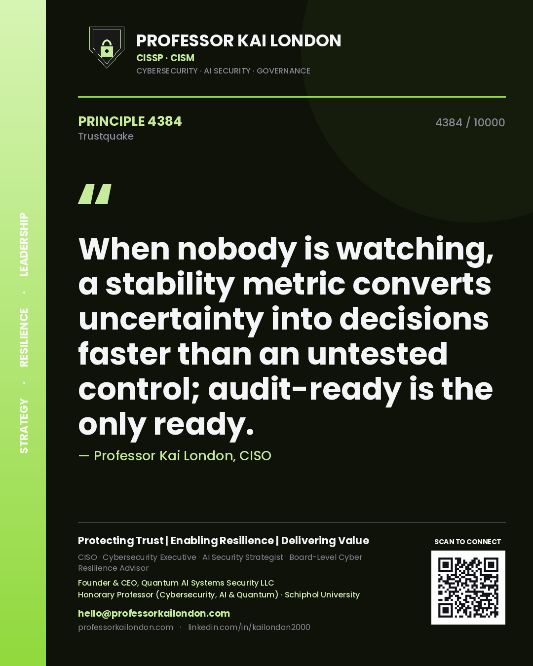 Quote card by Professor Kai London reading 'When nobody is watching, a stability metric converts uncertainty into decisions faster than an untested control; audit-ready is the only ready.'. From the book Trustquake.