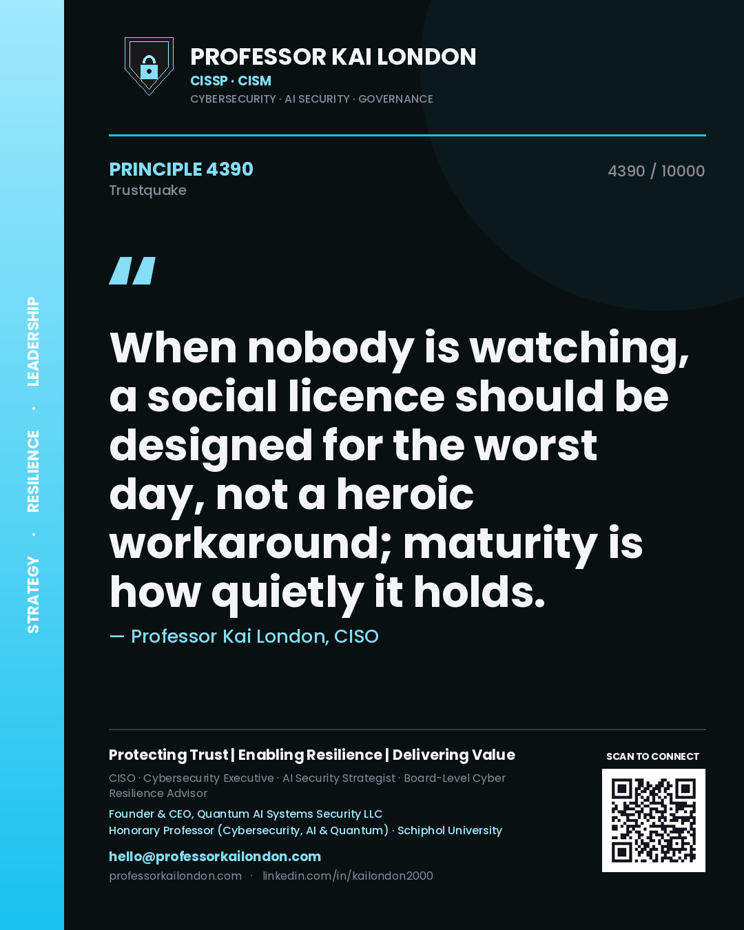 Professor Kai London principle 4390: When nobody is watching, a social licence should be designed for the worst day, not a heroic workaround; maturity is how quietly it holds.