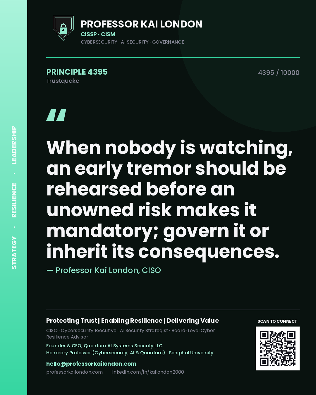 Professor Kai London principle 4395: When nobody is watching, an early tremor should be rehearsed before an unowned risk makes it mandatory; govern it or inherit its consequences.
