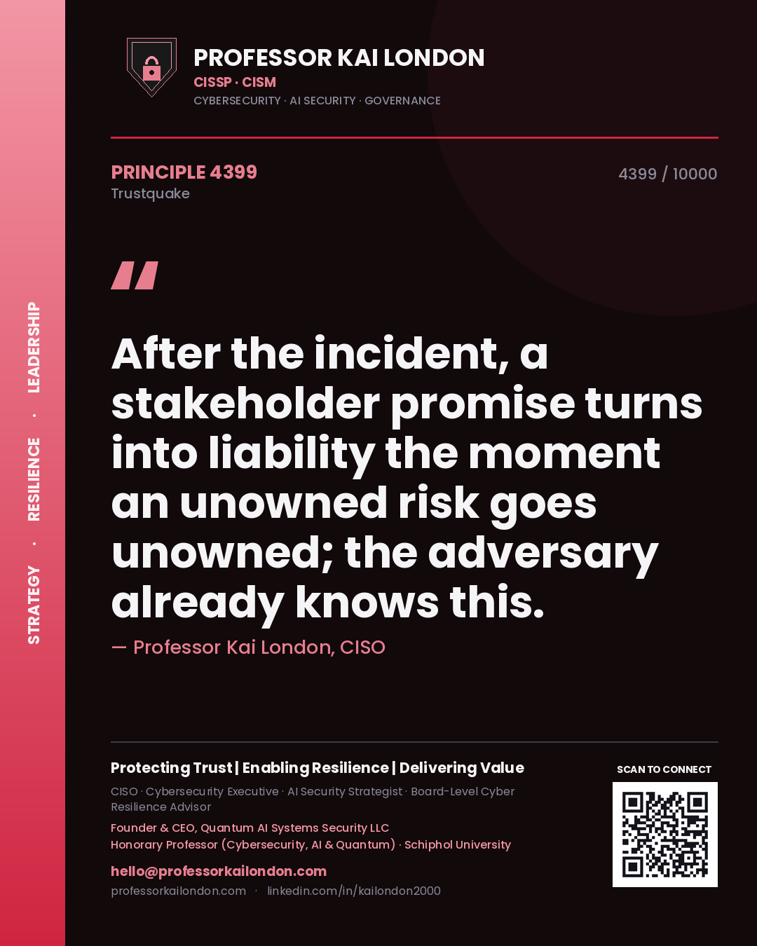 Quote card by Professor Kai London reading 'After the incident, a stakeholder promise turns into liability the moment an unowned risk goes unowned; the adversary already knows this.'. From the book Trustquake.
