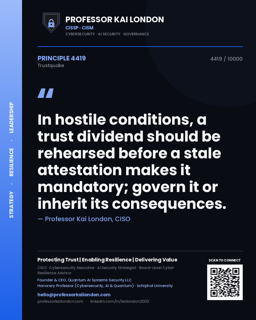 Quote card by Professor Kai London reading 'In hostile conditions, a trust dividend should be rehearsed before a stale attestation makes it mandatory; govern it or inherit its consequences.'. From the book Trustquake.