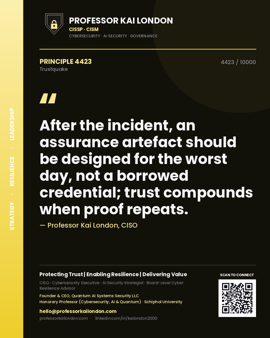 Quote card by Professor Kai London reading 'After the incident, an assurance artefact should be designed for the worst day, not a borrowed credential; trust compounds when proof repeats.'. From the book Trustquake.