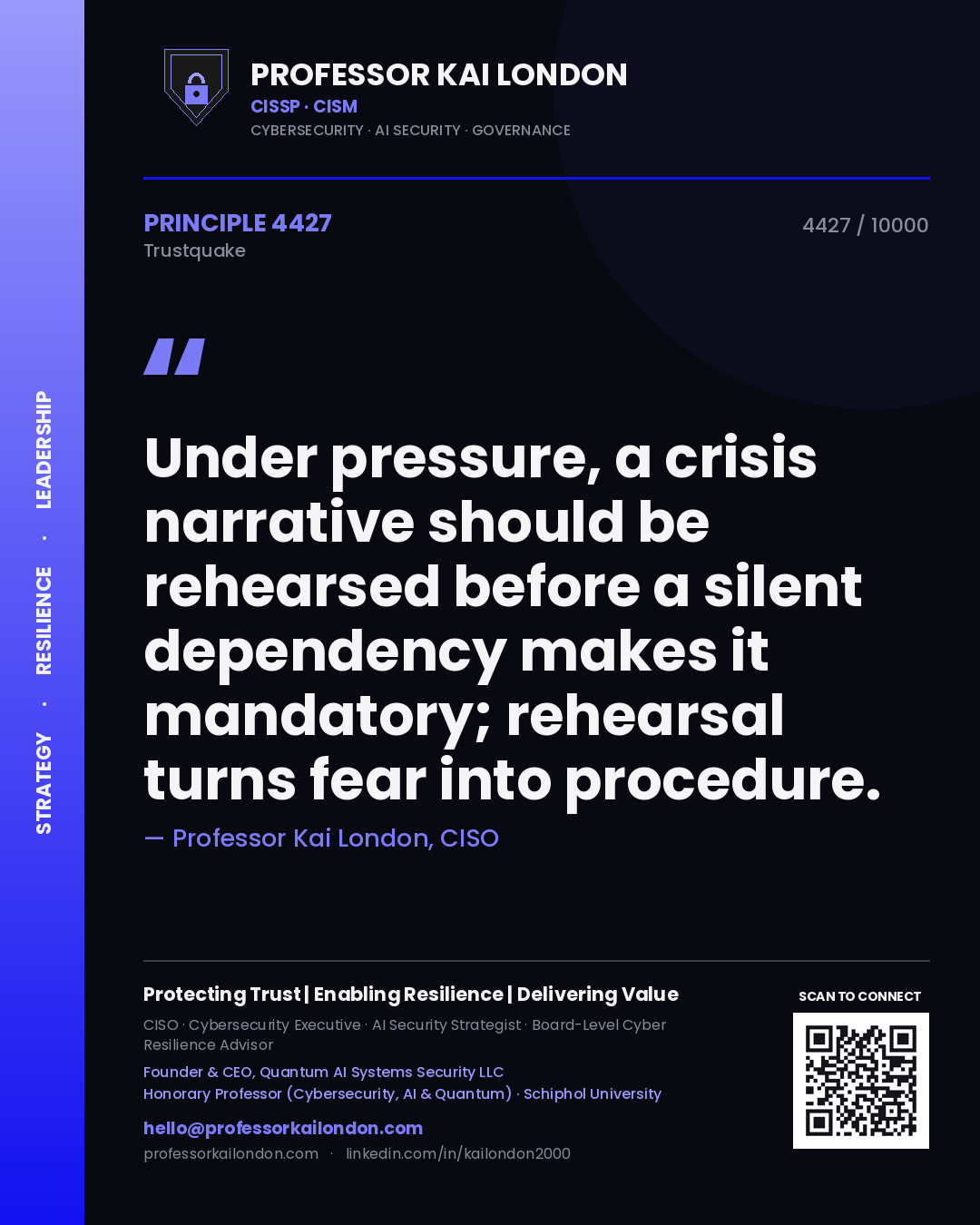 Quote card by Professor Kai London reading 'Under pressure, a crisis narrative should be rehearsed before a silent dependency makes it mandatory; rehearsal turns fear into procedure.'. From the book Trustquake.