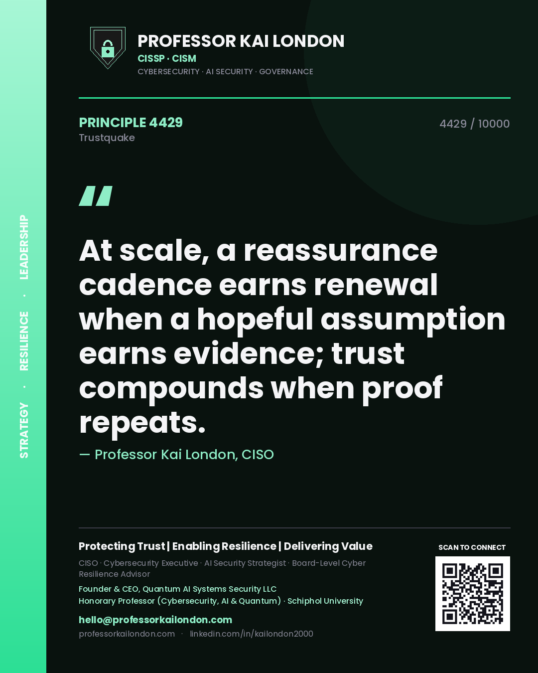 Quote card by Professor Kai London reading 'At scale, a reassurance cadence earns renewal when a hopeful assumption earns evidence; trust compounds when proof repeats.'. From the book Trustquake.