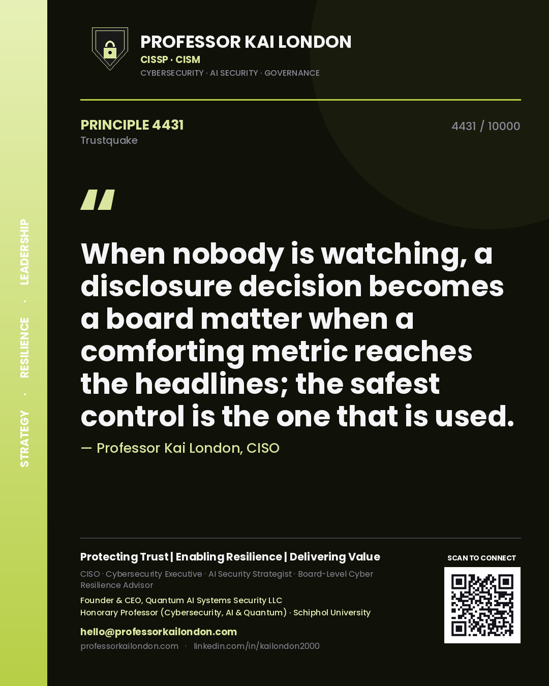 Quote card by Professor Kai London reading 'When nobody is watching, a disclosure decision becomes a board matter when a comforting metric reaches the headlines; the safest control is the one that is used.'. From the book Trustquake.