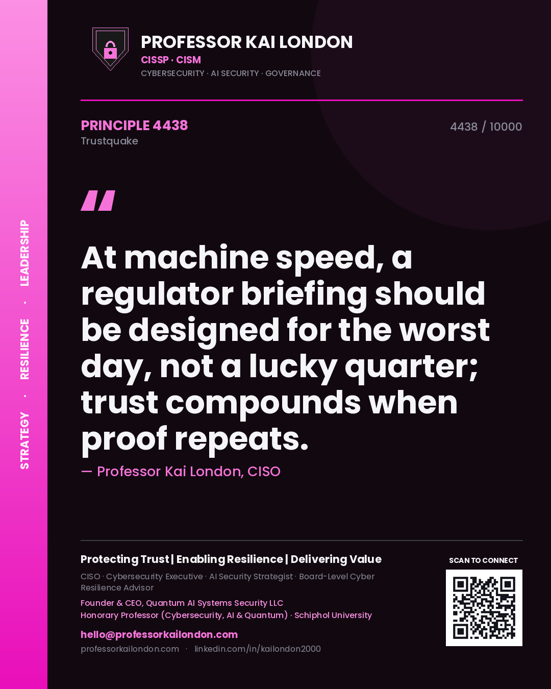 Professor Kai London principle 4438: At machine speed, a regulator briefing should be designed for the worst day, not a lucky quarter; trust compounds when proof repeats.