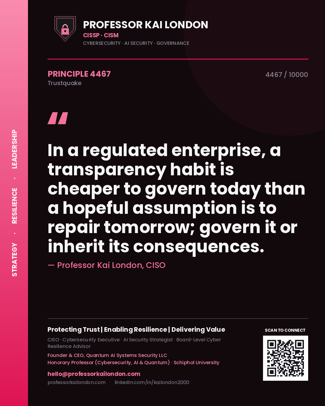 Professor Kai London principle 4467: In a regulated enterprise, a transparency habit is cheaper to govern today than a hopeful assumption is to repair tomorrow; govern it or inherit its consequences.