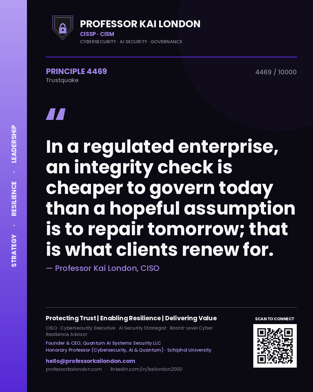 Quote card by Professor Kai London reading 'In a regulated enterprise, an integrity check is cheaper to govern today than a hopeful assumption is to repair tomorrow; that is what clients renew for.'. From the book Trustquake.