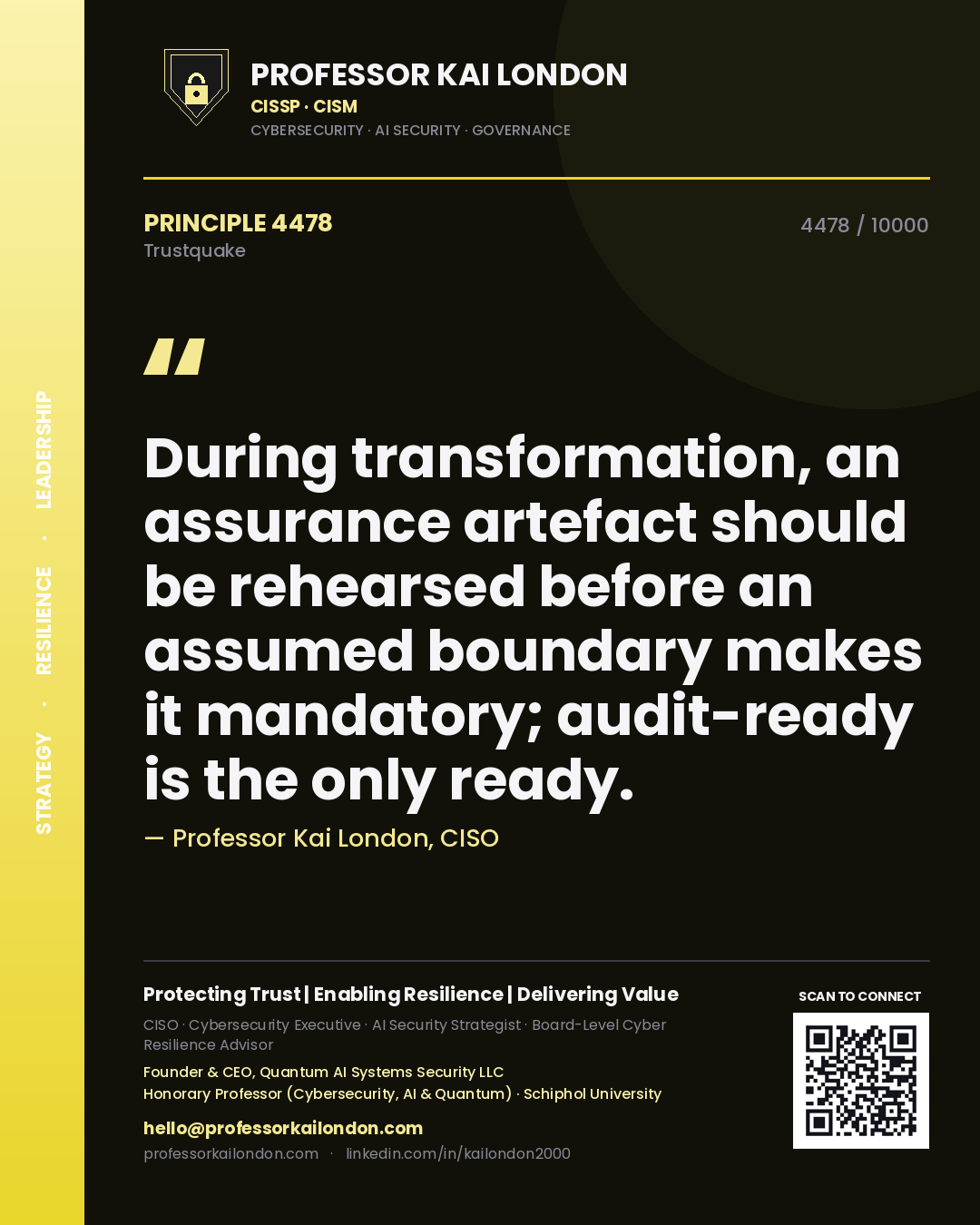 Quote card by Professor Kai London reading 'During transformation, an assurance artefact should be rehearsed before an assumed boundary makes it mandatory; audit-ready is the only ready.'. From the book Trustquake.