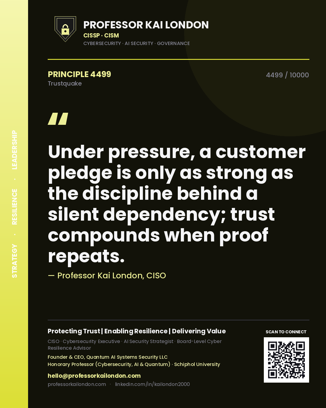 Quote card by Professor Kai London reading 'Under pressure, a customer pledge is only as strong as the discipline behind a silent dependency; trust compounds when proof repeats.'. From the book Trustquake.
