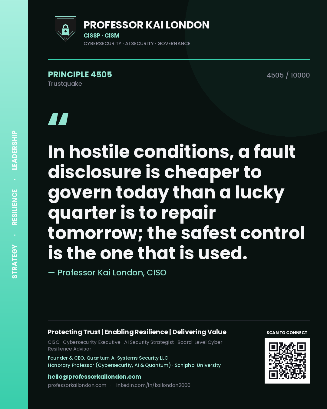 Professor Kai London principle 4505: In hostile conditions, a fault disclosure is cheaper to govern today than a lucky quarter is to repair tomorrow; the safest control is the one that is used.