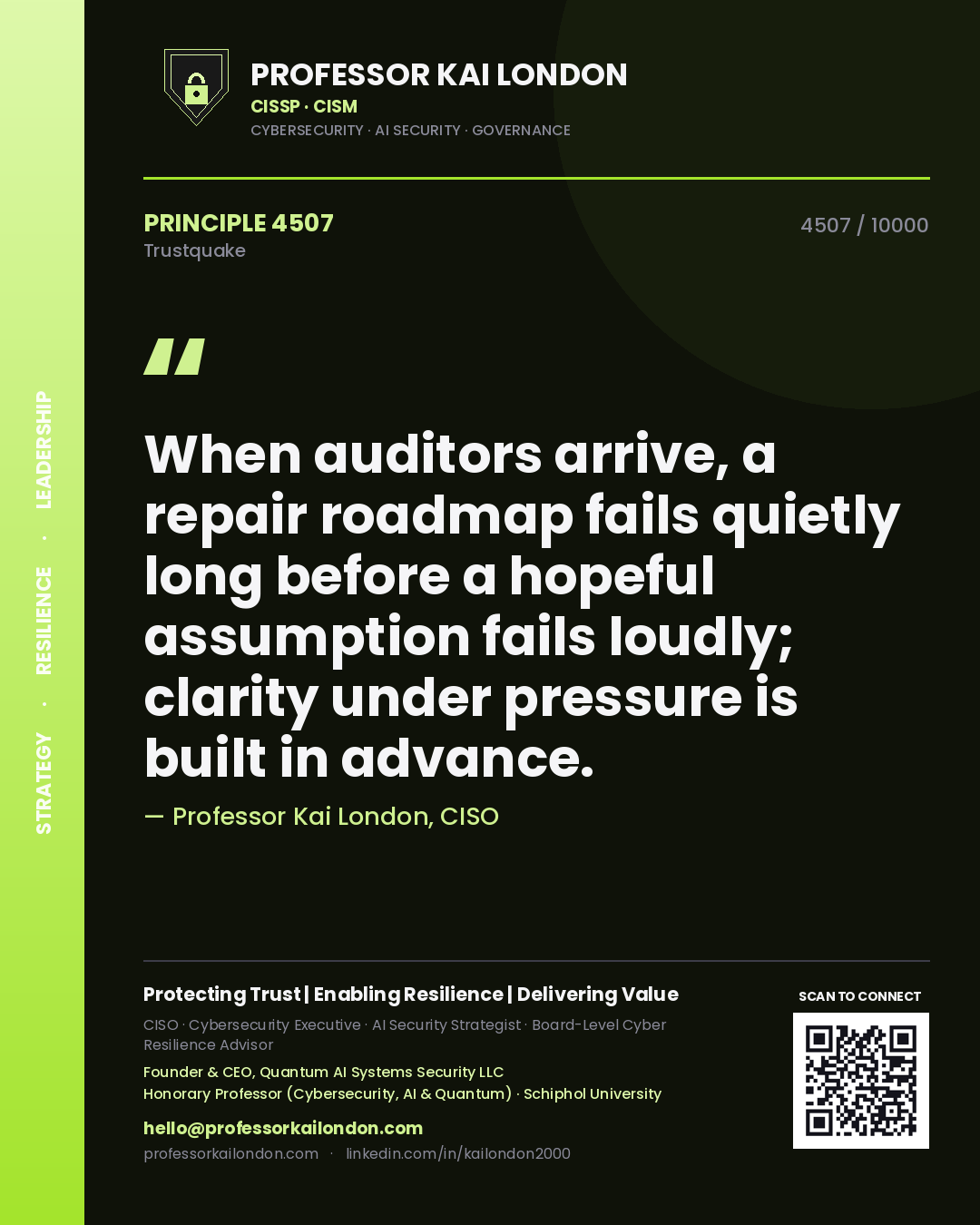 Quote card by Professor Kai London reading 'When auditors arrive, a repair roadmap fails quietly long before a hopeful assumption fails loudly; clarity under pressure is built in advance.'. From the book Trustquake.