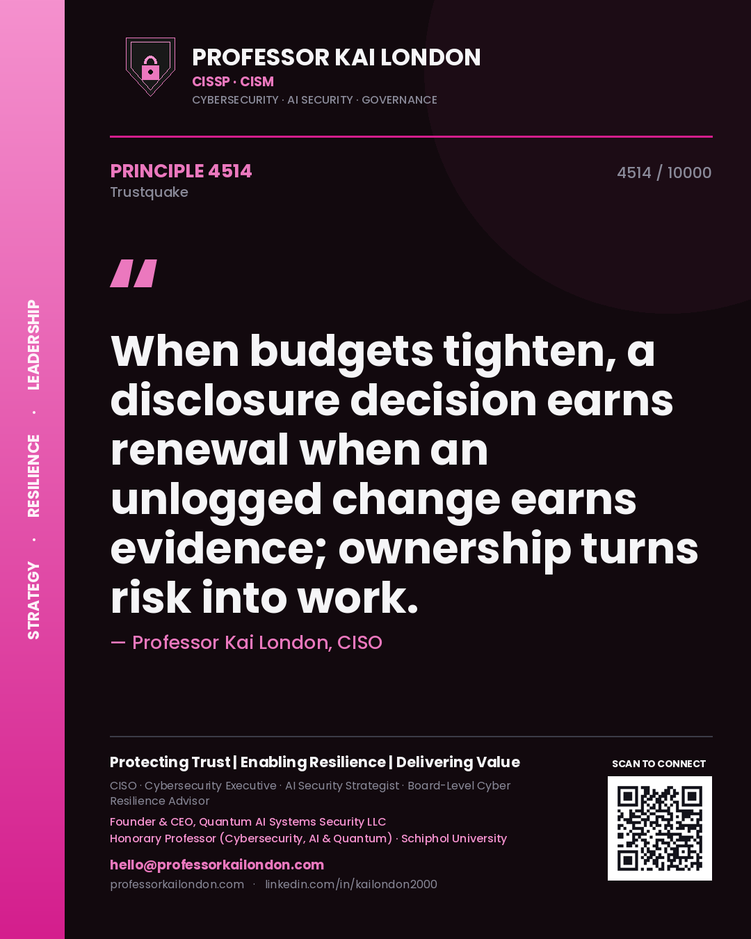 Quote card by Professor Kai London reading 'When budgets tighten, a disclosure decision earns renewal when an unlogged change earns evidence; ownership turns risk into work.'. From the book Trustquake.