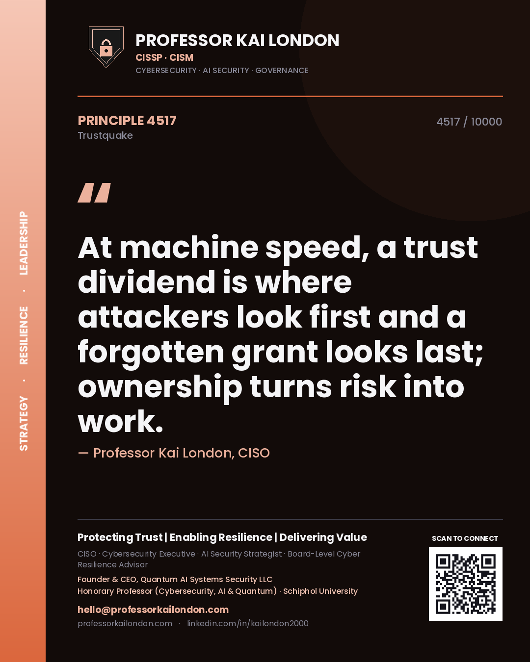 Professor Kai London principle 4517: At machine speed, a trust dividend is where attackers look first and a forgotten grant looks last; ownership turns risk into work.