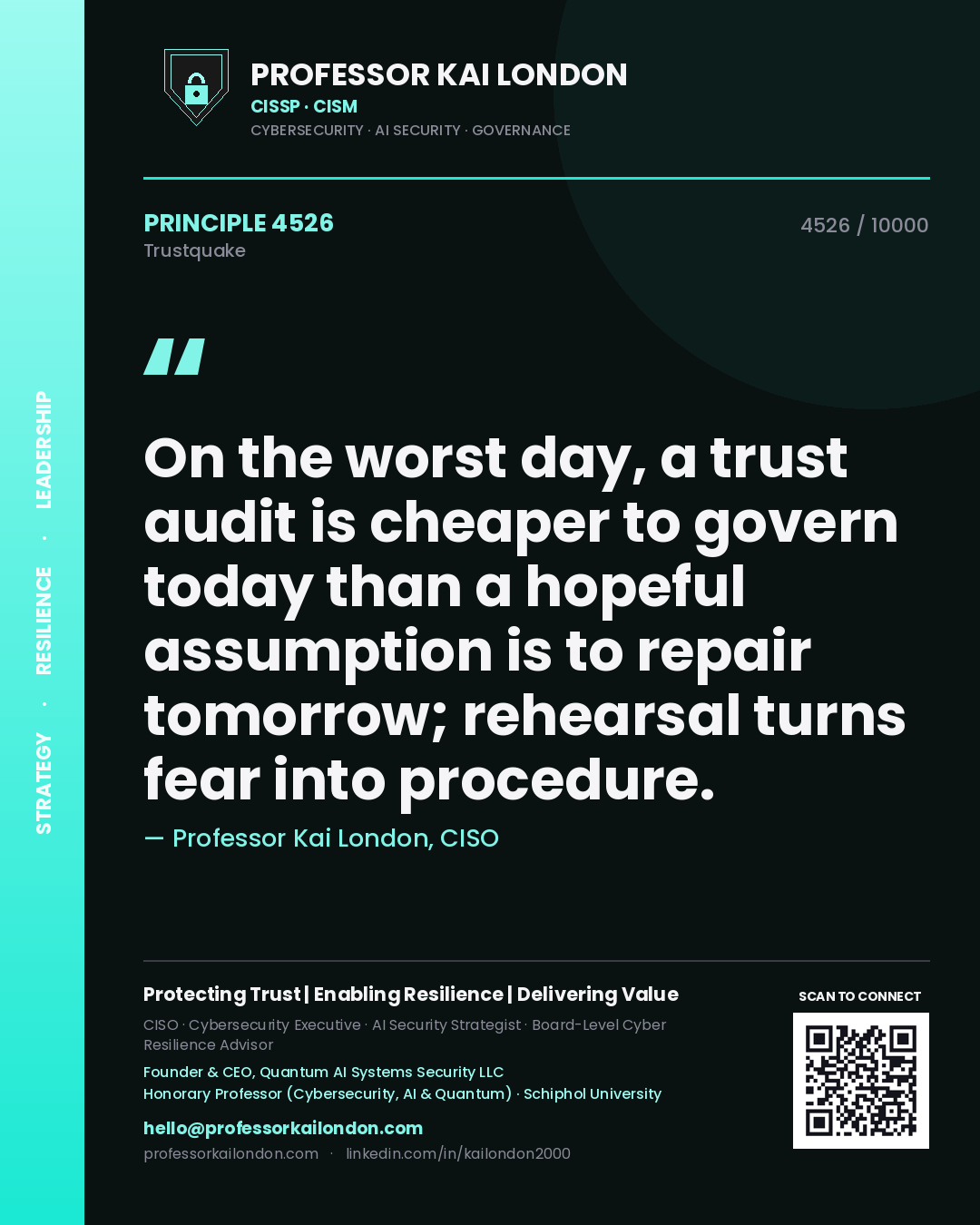Professor Kai London principle 4526: On the worst day, a trust audit is cheaper to govern today than a hopeful assumption is to repair tomorrow; rehearsal turns fear into procedure.