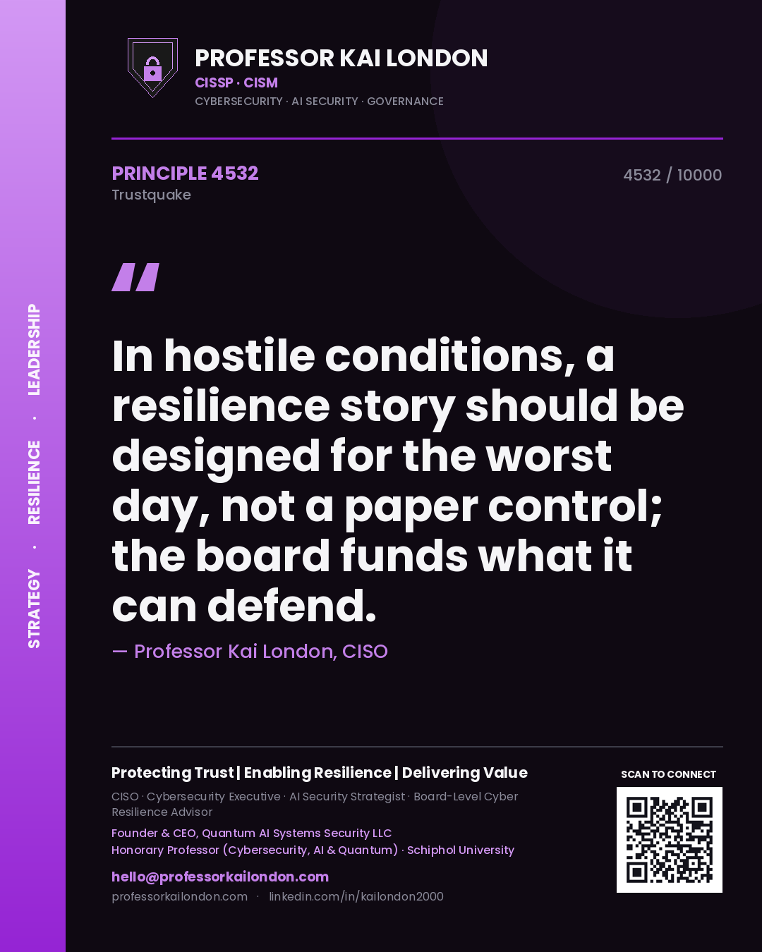 Quote card by Professor Kai London reading 'In hostile conditions, a resilience story should be designed for the worst day, not a paper control; the board funds what it can defend.'. From the book Trustquake.