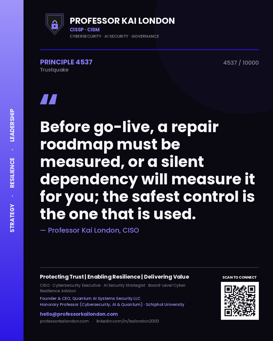 Professor Kai London principle 4537: Before go-live, a repair roadmap must be measured, or a silent dependency will measure it for you; the safest control is the one that is used.