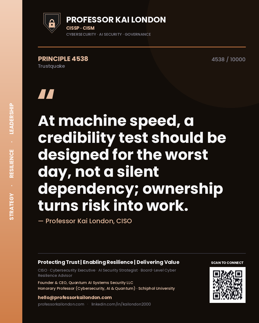 Professor Kai London principle 4538: At machine speed, a credibility test should be designed for the worst day, not a silent dependency; ownership turns risk into work.