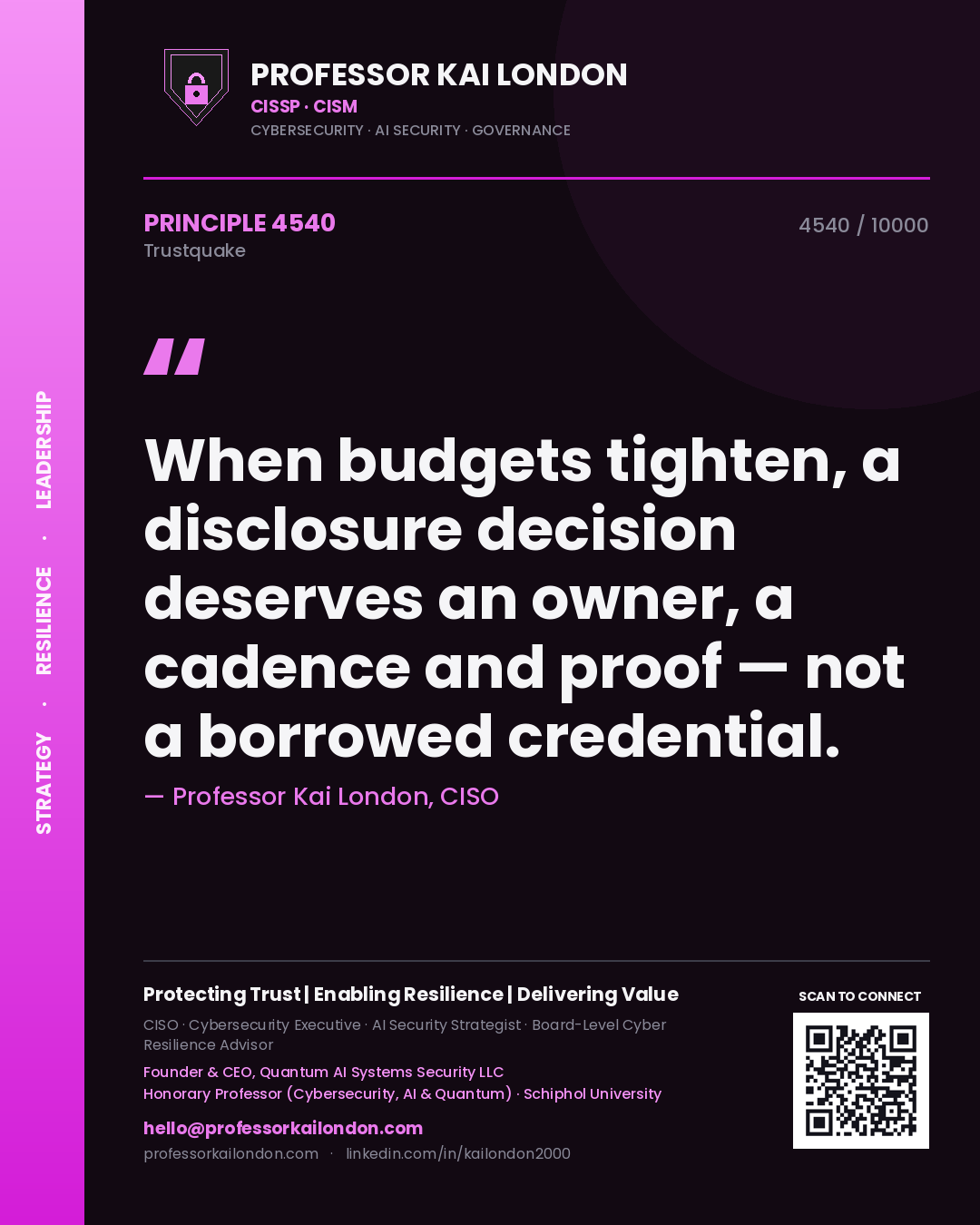 Professor Kai London principle 4540: When budgets tighten, a disclosure decision deserves an owner, a cadence and proof — not a borrowed credential.