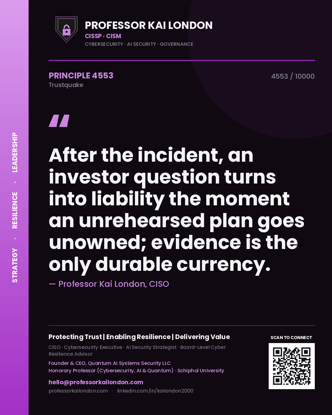 Quote card by Professor Kai London reading 'After the incident, an investor question turns into liability the moment an unrehearsed plan goes unowned; evidence is the only durable currency.'. From the book Trustquake.