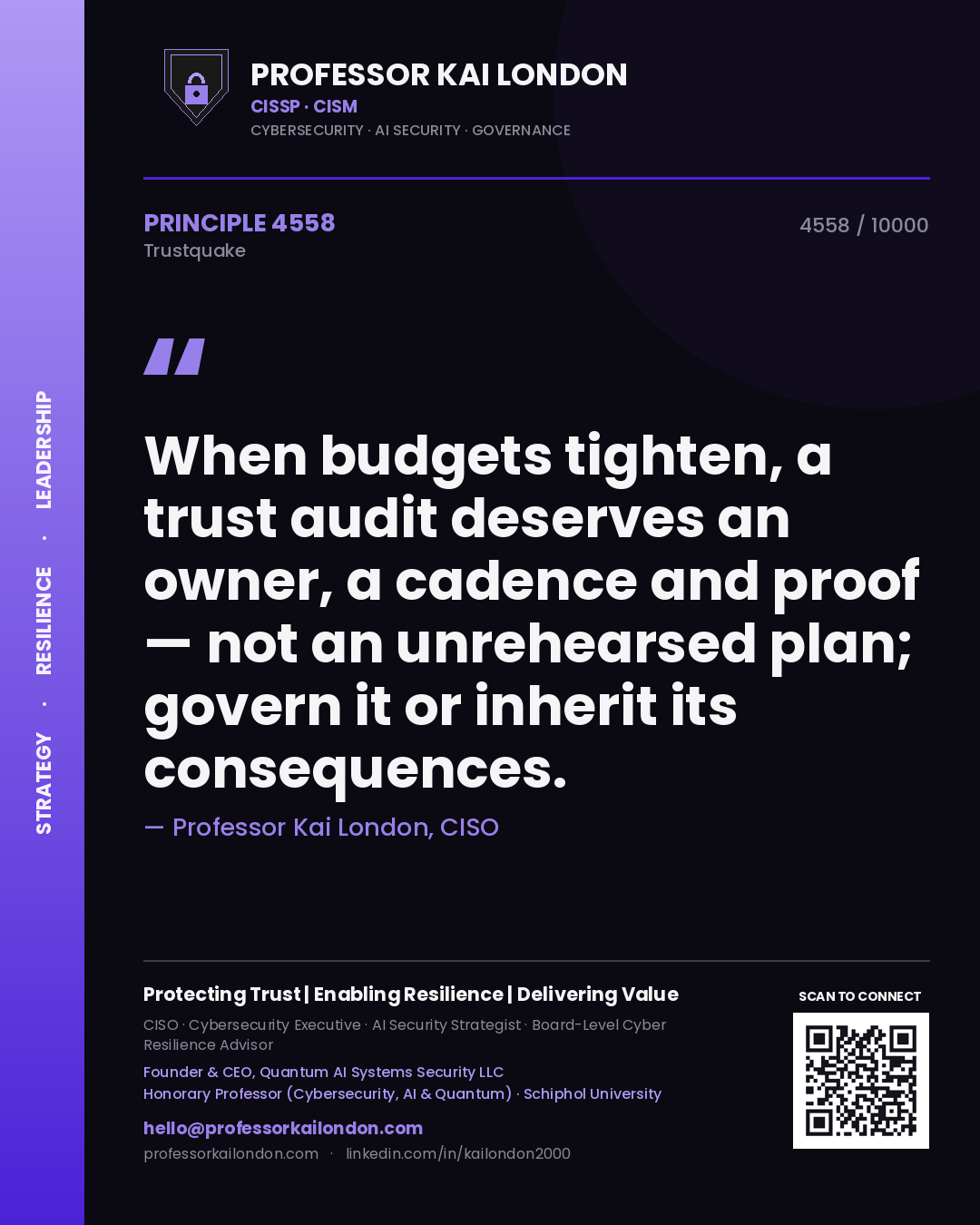 Quote card by Professor Kai London reading 'When budgets tighten, a trust audit deserves an owner, a cadence and proof — not an unrehearsed plan; govern it or inherit its consequences.'. From the book Trustquake.